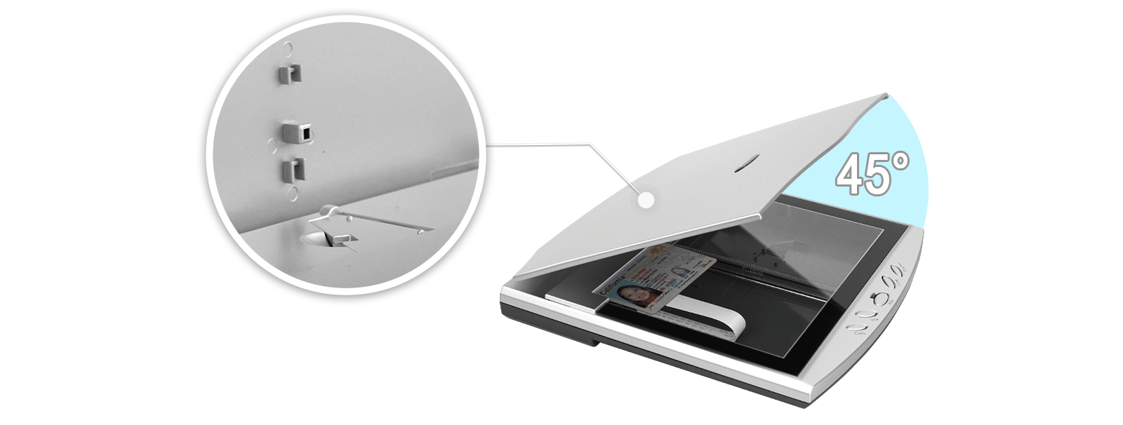 特殊45度鉸鏈設(shè)計(jì) Scan without opening cover. Suitable for heavy user and increase opeating efficiency.
